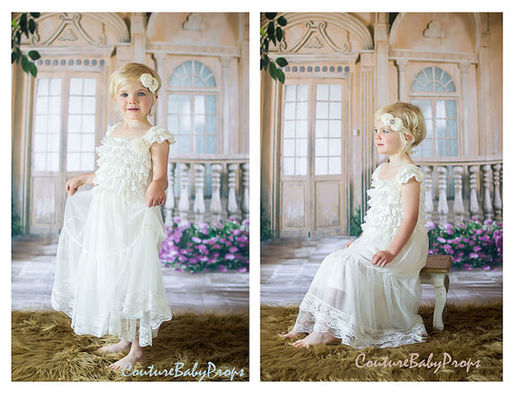 Wedding - Vintage Ivory Lace Girls DRESS -  Ruffle dress