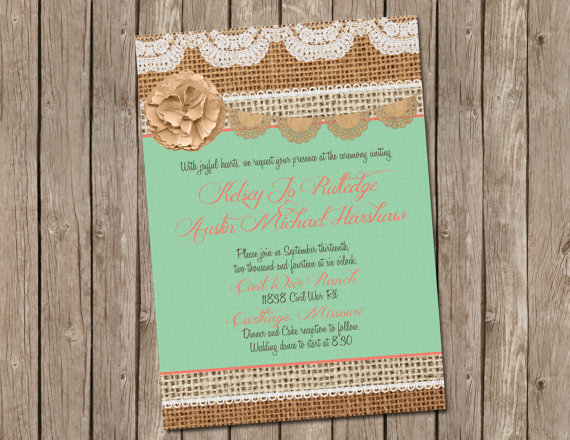 Wedding - Mint and Coral, Burlap Wedding Invitation, Bridal shower, Digital file, Printable