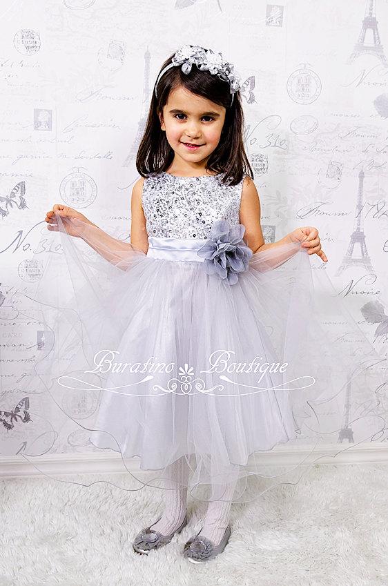 Свадьба - Flower Girl Dress Silver/Grey Sequin Mesh flower Girl Toddler Wedding Special Occasion Dress (ets0155sv)