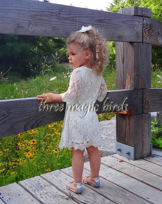 Hochzeit - Lace Flower Girl Dress-Christening Baptism Dress-Rustic Flower Girl-Long Sleeve Flower Girl Dress-Bridesmaid-Country Flower Girl-Birthday