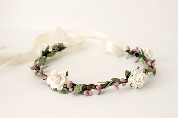 Wedding - Bohemian Floral Crown,  White Flower Crown. Woodland, Spring, Hair Wreath, Hair Accessories, Floral, boho, wedding, bridal headpiece