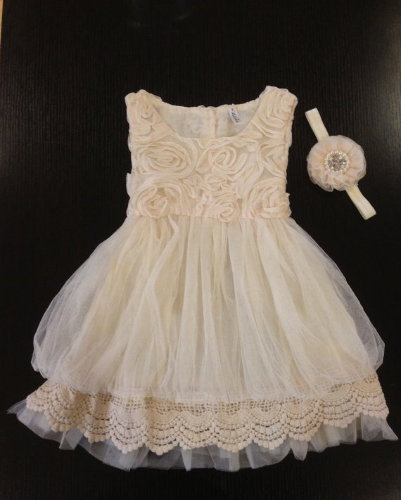 Wedding - Flower girl dress ivory, rosette dress, ivory dress, vintage inspire, lace toddler dress, flower girl dress, vintage lace dress with sash