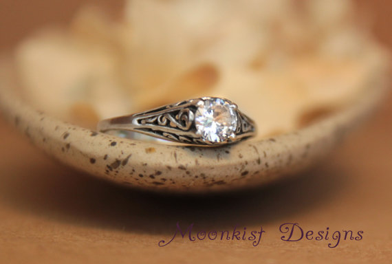 Wedding - Dainty White Sapphire Filigree Engagement Ring in Sterling Silver - Vintage Style White Sapphire Wedding Ring -  Filigree Solitaire