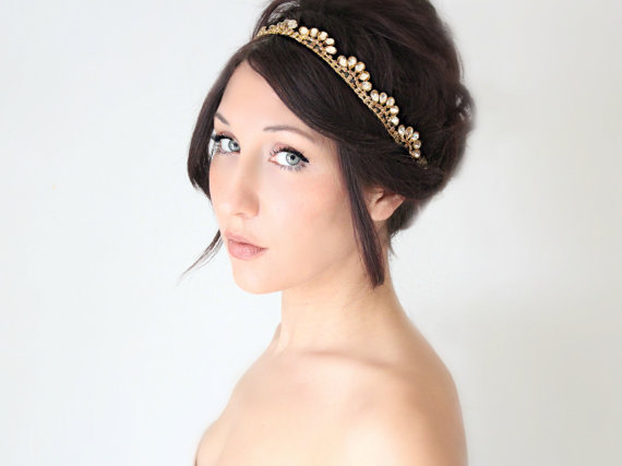 Wedding - Bridal Headband, Gold Whimsical Romance, Rhinestone, Bridal Hair,Tiara, wedding accessory, bridal headpiece, Flapper - La Oiseau - -