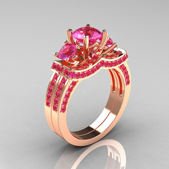 Wedding - French 14K Rose Gold Three Stone Pink Sapphire Wedding Ring, Engagement Ring Bridal Set R182S-14KRGPS