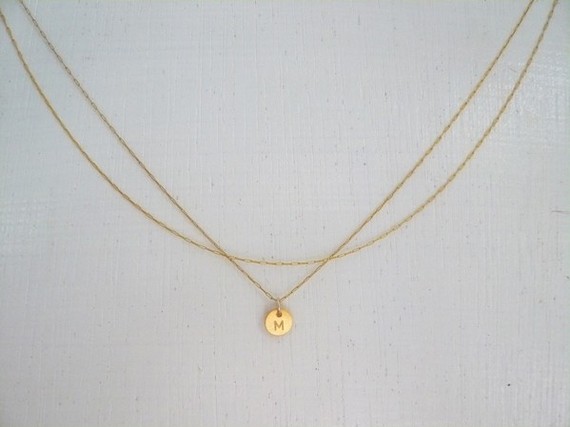 زفاف - Gold Initial Necklace, 14k Goldfilled Double Chain, Tiny Personalized Hand Stamped Custom Disc Charm, Bridesmaid Necklace
