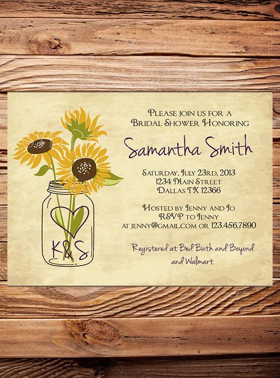 Hochzeit - Bridal Shower Invitation,Rustic Sunflowers,Vintage Mason Jar Invitation,Gray, Brown, Mason Jar, Sunflower, Wedding Shower - Item 1168