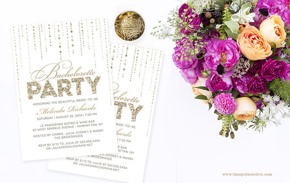 Wedding - Glitter Look Bachelorette Party Invitations - DIY Printable File or Printed Invitations