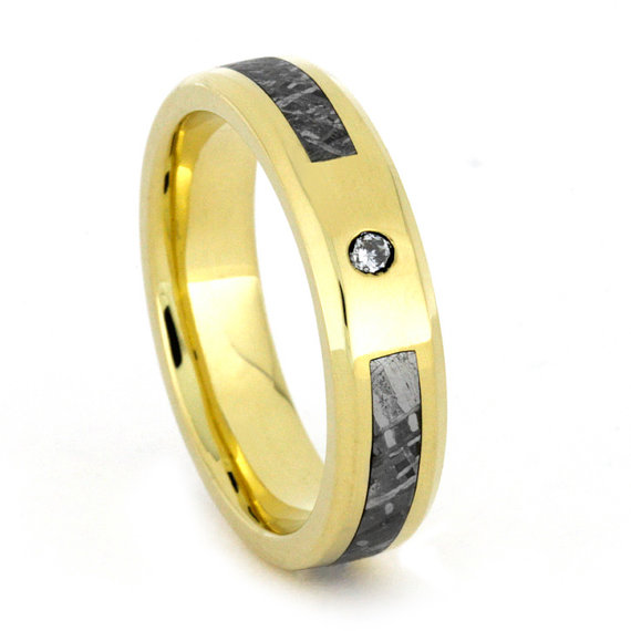 Wedding - 18k Gold Ring with Amazing Meteorite Inlaid, Yellow Gold Engagement Ring or Wedding Band