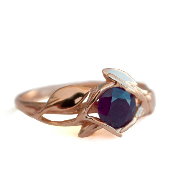 Wedding - Leaves Engagement Ring - 18K Rose Gold and Sapphire engagement ring, engagement ring, leaf ring, filigree, antique, September Birthstone