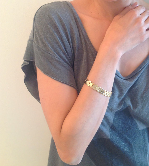 زفاف - Gold Bracelet, Geometric Flat Links Bracelet, 24K  Industrial Bracelet, Bridesmaids Gift Bracelet, Friendship Bracelet,