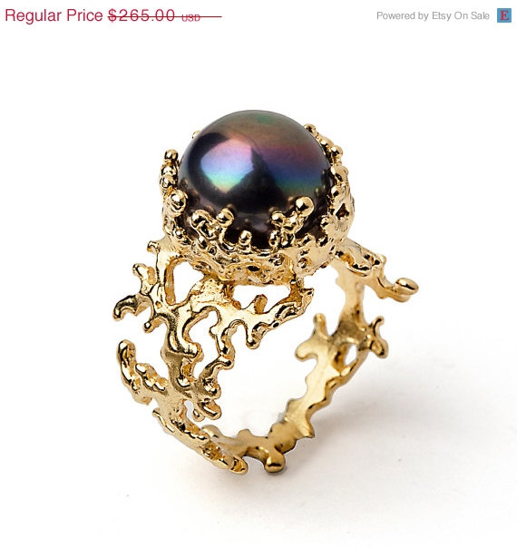 Wedding - ON SALE - CORAL Black Pearl Ring, Gold Pearl Ring, Black Pearl Engagement Ring, Gold Engagement Ring, Statement Ring, Large Pearl Ring