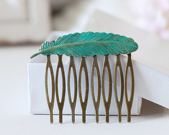 Hochzeit - Feather Hair Comb. Verdigris Patina Blue Brass Feather Hair Comb. Woodland Hair Accessory Wedding Bridal Hair Comb, Feather Jewelry