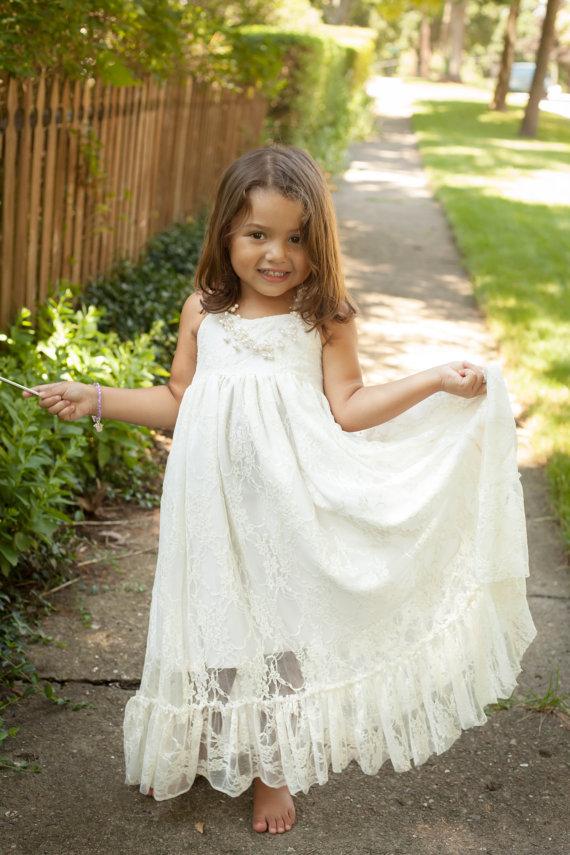 Mariage - Custom Order for Robin, Girls Maxi Dress, Lace, Flower Girl Dress, Rustic Wedding, Baptism Dress, Destination Wedding,