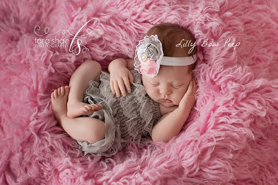 Wedding - SET-Baby Girl Clothes-Newborn Clothing-Gray Lace Pettie Romper & Headband-Baby Headband-Flower Girl Dress-Baptism Dress-Wedding-Confirmation