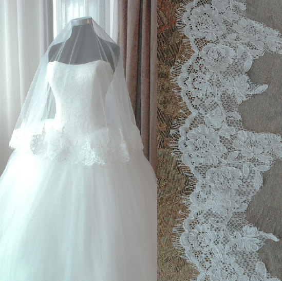 Wedding - Custom listing Ivory Bridal Wedding Veil, French Alencon Chantilly Eyelash lace Mantilla, Vintage hair accessories, Drop Veil