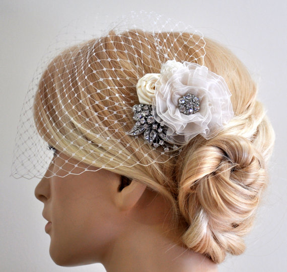 Hochzeit - Birdcage Veil (Bandeau style) set with hair  Fascinator (2 Items) , Hair Accessory,wedding veil, Bridal hair piece ,