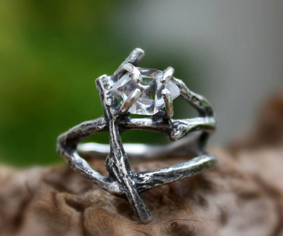 Wedding - Herkimer diamond ring,statement ring,raw crystal quartz,engagement ring,gemstone ring,branch,twig,alternative ring,rough stone ring.