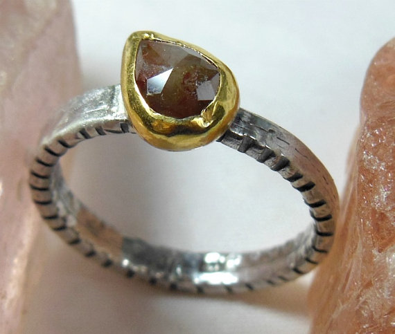 زفاف - 1.20 carat rose cut  diamond ring, engagement ring, reddish diamond and yellow gold  gemstone ring, birthstone ring