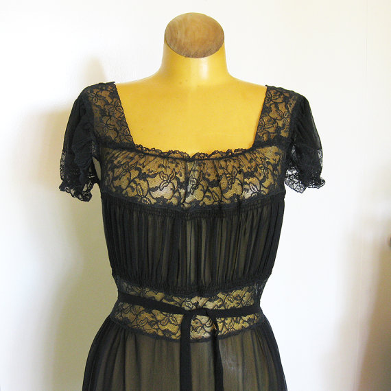 Hochzeit - Sheer Black Floor Length Nightgown Lingerie - Plunging Open Back - Lace Trim