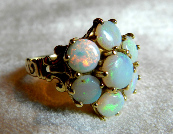 Hochzeit - Opal Ring Opal Engagement Ring Antique 3.4 Ct Australian Black Opal Art Deco Opal Halo Engagement Ring 14K