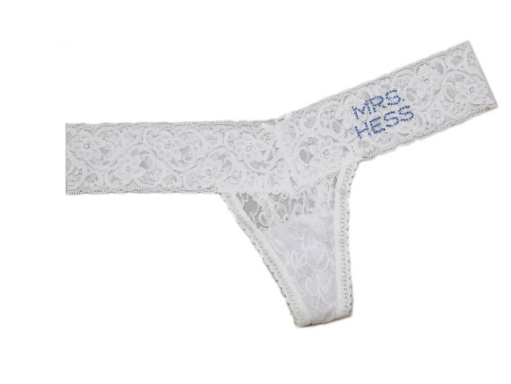 Hochzeit - Personalized Lace Bridal Thong, Custom Bridal Lingerie, Bride lace thong with Swarovksi Crystals