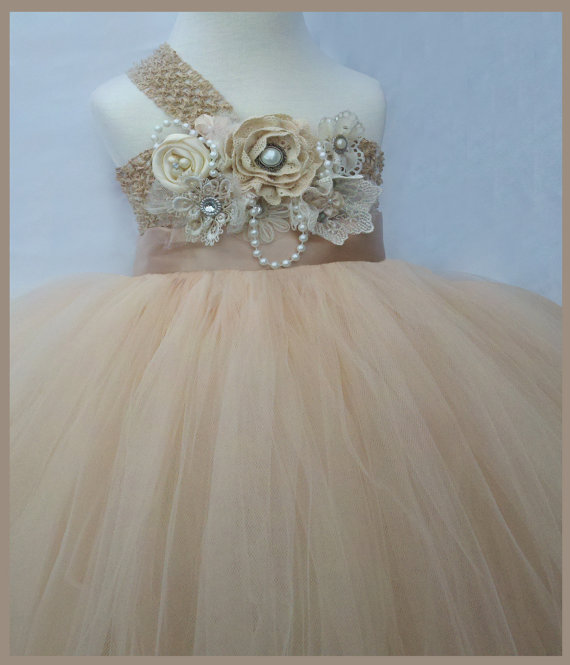 Mariage - Champagne flower girl dress flower girl tutu dress in sizes newborn to 12 years old headband separate purchase