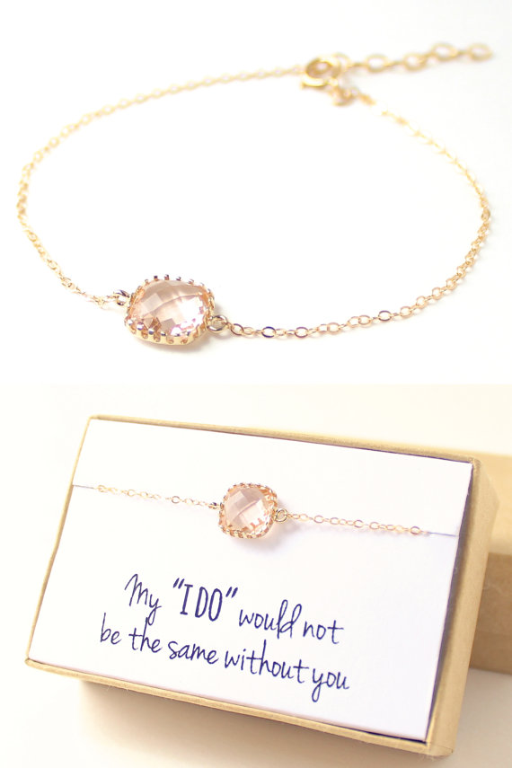 زفاف - Peach Champagne / Gold Single Square Bracelet - Peach Jewelry - Champagne Bracelets - Delicate Bracelet - Peach Bridesmaid Gift - BS1