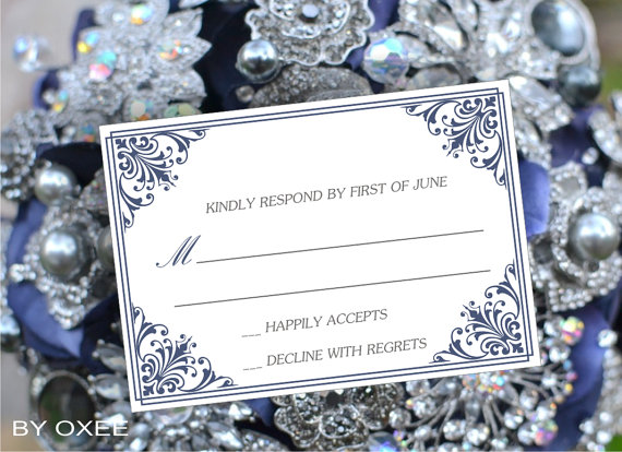 زفاف - Printable wedding RSVP card template Navy blue victorian pattern by Oxee, DIY editable, Word