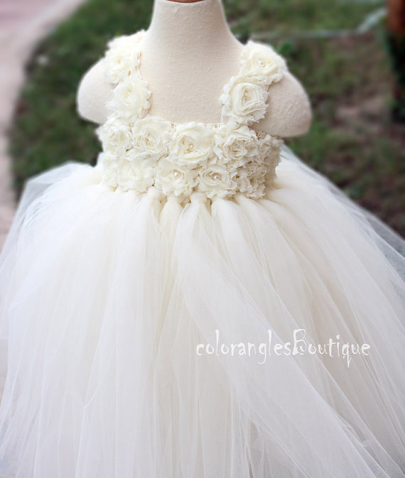 زفاف - Ivory tutu dress flower girl dress Baby toddler birthday wedding dress 0 -7t