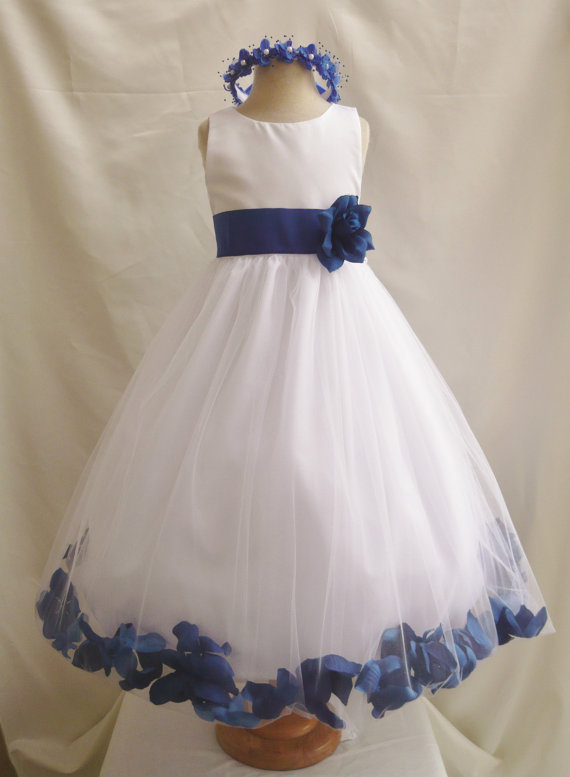 Hochzeit - Flower Girl Dress - Ivory Rose Petal Dress with Blue Royal - Wedding, Easter, Junior Bridesmaid, Formal Girl Dress, Recital (FGPT)