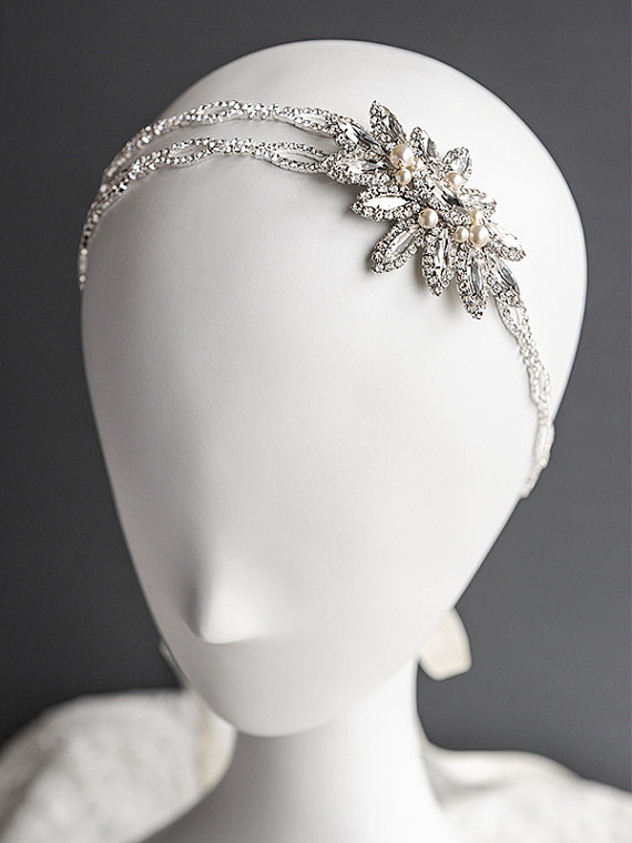 زفاف - Crystal Bridal Hair Accessories, Swarovski Pearl Wedding Headband, Art Deco Flower Leaf Rhinestine Bridal Headband, Wedding Hairband, JOSLYN