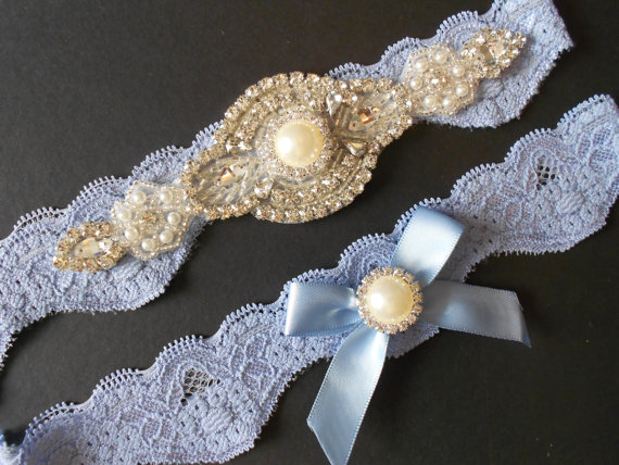 Mariage - Wedding Garter Set Shades of Blue Beautiful Scalloped Stretch Lingerie Lace Bridal Garter Set th Rhinestones Pearls or Sapphires