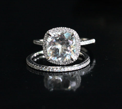 زفاف - 14k White Gold 9mm White Topaz Cushion and Diamonds Engagement Ring and Wedding Band Set (Choose color and size options at checkout)