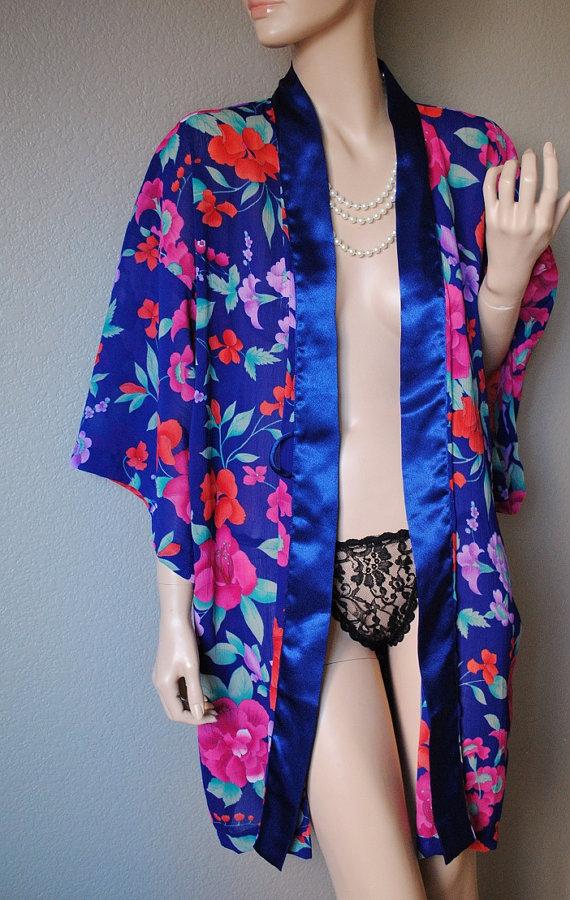 Wedding - Vintage Sheer Blue Floral Robe - by Victoria's Secret - Small - Large