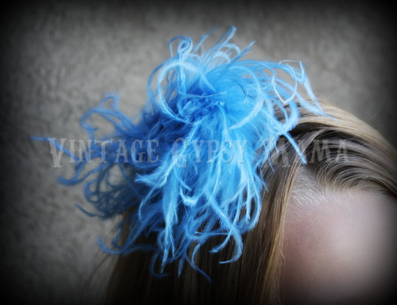 Hochzeit - Blue Curly Ostrich Puff Hair Bow Clip Over The Top Big Fluffy Pouf Birthday Wedding Flower Girl