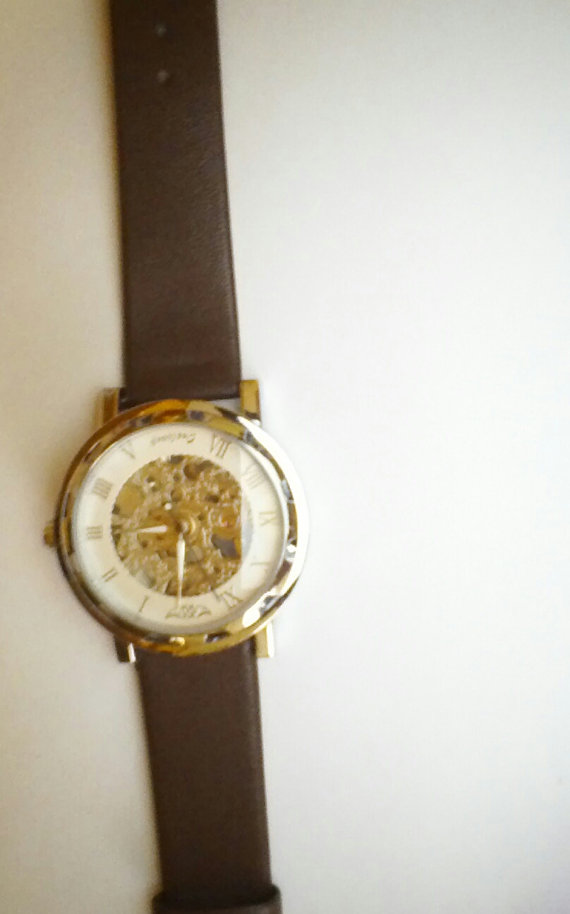 زفاف - Men's Steampunk Mechanical Skeleton Wrist Watch with White Face and Brown Leather Watch Band -Groomsmen and Wedding Gift