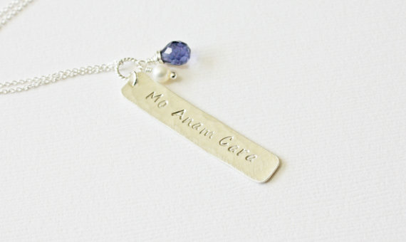 Hochzeit - Silver Mo Anam Cara Vertical Bar Pendant with Birthstone - Gaelic Celtic Irish Scottish Bouquet Charm - Rectangle Soul Mate Tag Necklace