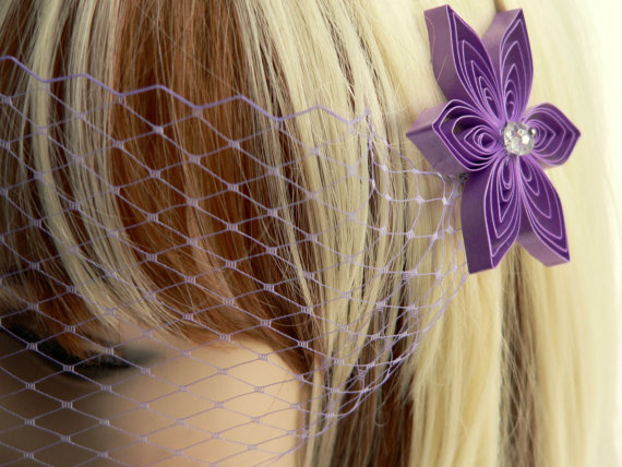 زفاف - Purple Veil and 2 Hair Clips, Pastel Purple Wedding Veil, Purple Blusher Veil, Lilac Purple Birdcage Veil