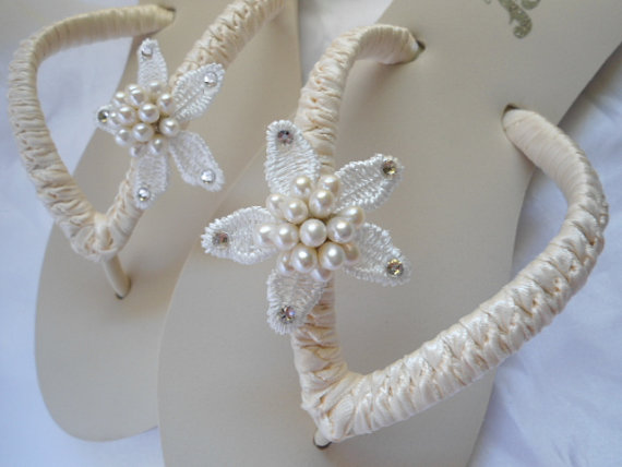 lace, Ivory bridal shoes, Ivory wedding flip flops, Ivory Bridal Flip ...