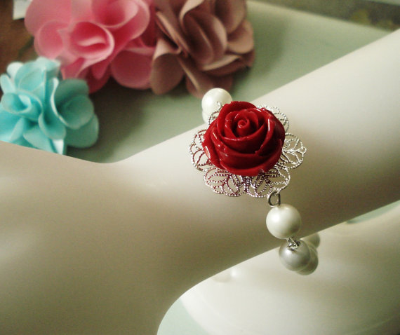 Wedding - Elegant Bridal Jewelry-Red color Rose Pearl  Bracelet ONLY - Wedding Jewelry, Bridal Jewelry