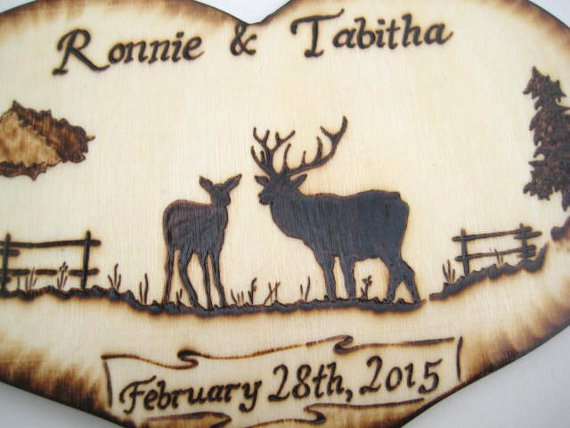 Wedding - Deer Wedding Cake Topper -Buck and Doe with Mountains, Tree and Old Fence, camo, hunting, rustic pyrography -Personalizable