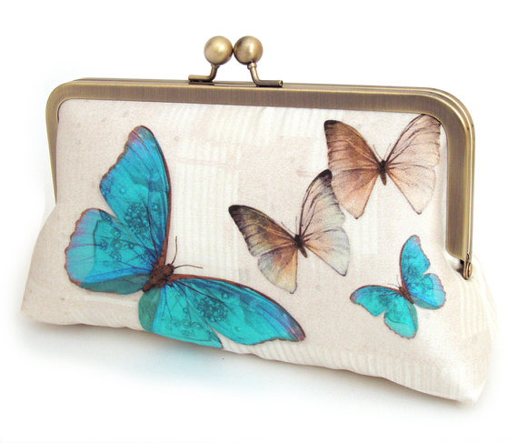 Mariage - Clutch bag, silk purse, wedding bag, bridesmaid gift, gift box, BLUE BUTTERFLIES