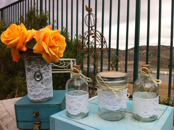 Свадьба - Wedding Sand Ceremony Set: Set of THREE Vintage Glass Bottles With Lace and Twine. Wedding Decor, Shower Decor, Cottage Decor