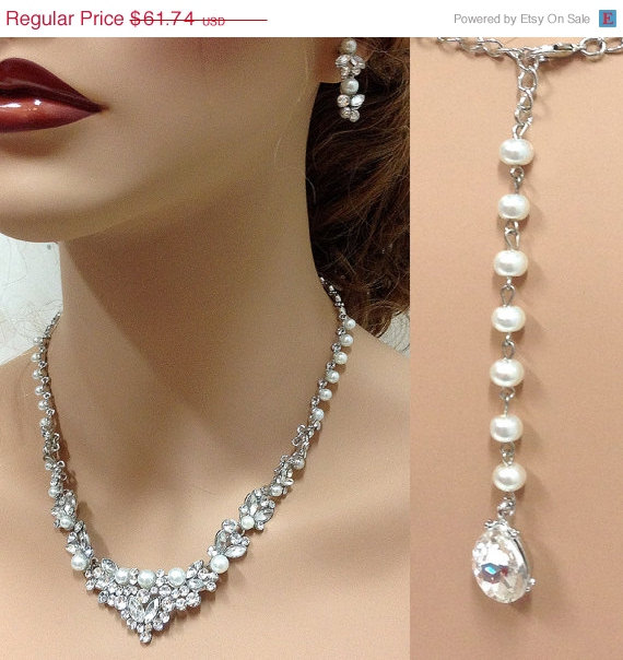 Mariage - Bridal jewelry set, Bridal back drop bib necklace and earrings, vintage inspired crystal, pearl necklace statement, bridesmaid jewelry set