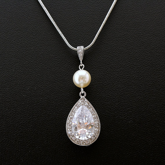 Свадьба - Bridal Jewelry Necklace Wedding Necklace with Luxury Large Clear Cubic Zirconia Teardrop Pearl Pendant Wedding Jewelry