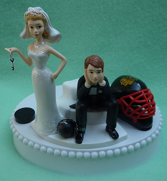 Hochzeit - Wedding Cake Topper Chicago Blackhawks Hockey Themed Ball and Chain Key w/ Bridal Garter Sports Fans Bride Groom Humorous Unique Funny Top