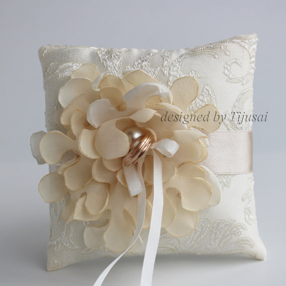 Hochzeit - Wedding pillow with ivory curly flower ---wedding rings pillow , rings cushion, wedding pillow, ready to ship