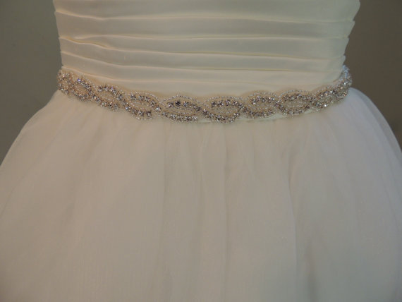 Hochzeit - Crystal Sash, Wedding Dress Belt. Rhinestones, Beaded. WHITE or IVORY Satin Ribbon. Bridesmaids, Prom Bridal Dress Bling. LONG - "Brooke"