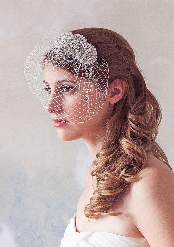 زفاف - Wedding veil, birdcage veil, Pearl and Crystal Embellished Cage Veil, Wedding Hair Accessories, Mini Blusher Veil, Crystal Veil, STYLE 400